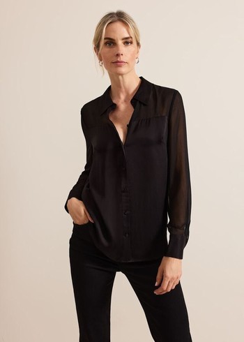 Phase Eight Inessa Mixed Media Satin Shirts Black Canada | QVJSDZ-129